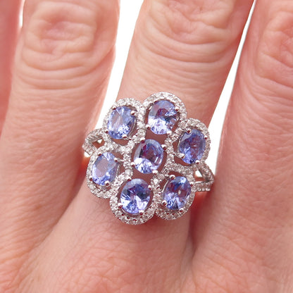 925 Sterling Silver Real Tanzanite & White Topaz Cluster Ring Size 8.25
