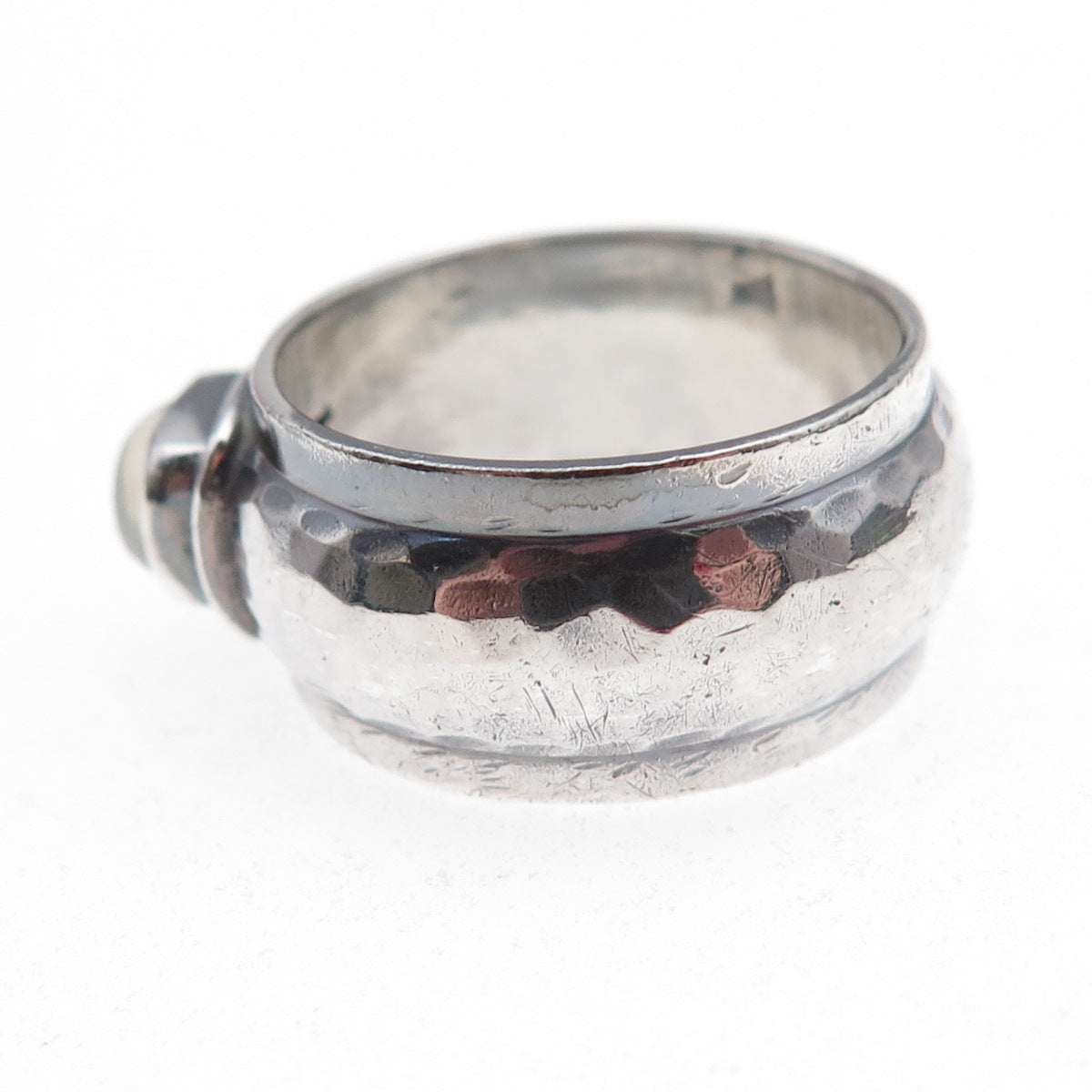 925 Sterling Silver Vintage Real Moonstone Hammered Oxidized Ring Size 8