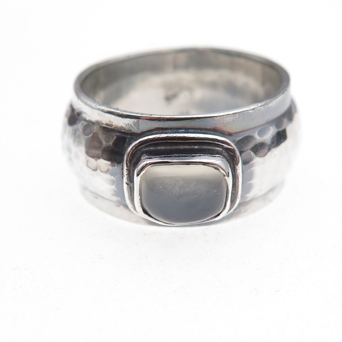 925 Sterling Silver Vintage Real Moonstone Hammered Oxidized Ring Size 8