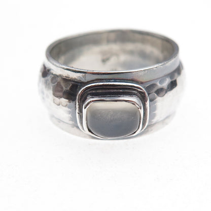 925 Sterling Silver Vintage Real Moonstone Hammered Oxidized Ring Size 8