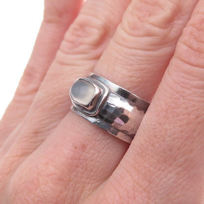 925 Sterling Silver Vintage Real Moonstone Hammered Oxidized Ring Size 8
