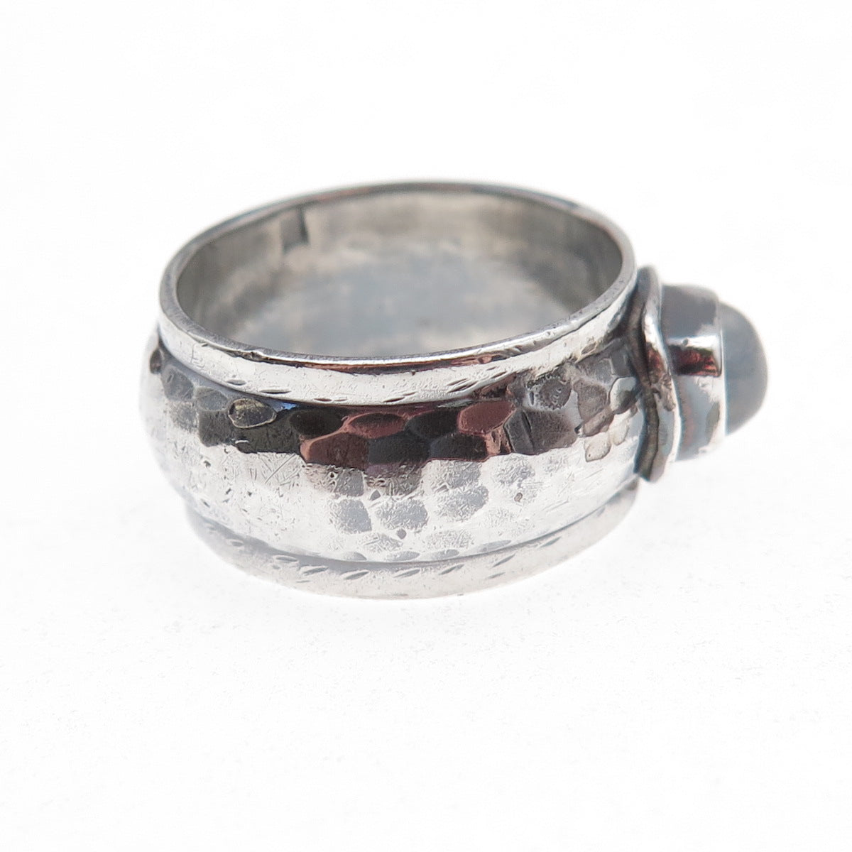 925 Sterling Silver Vintage Real Moonstone Hammered Oxidized Ring Size 8