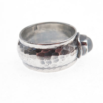925 Sterling Silver Vintage Real Moonstone Hammered Oxidized Ring Size 8