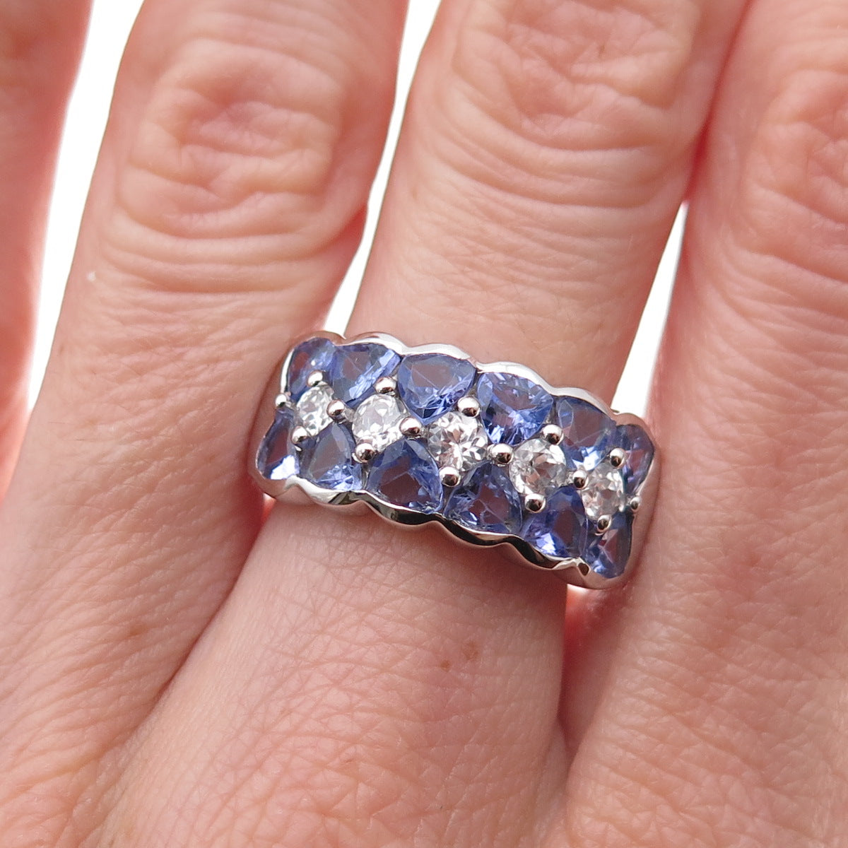 925 Sterling Silver Real Tanzanite & White Topaz Ring Size 8.25