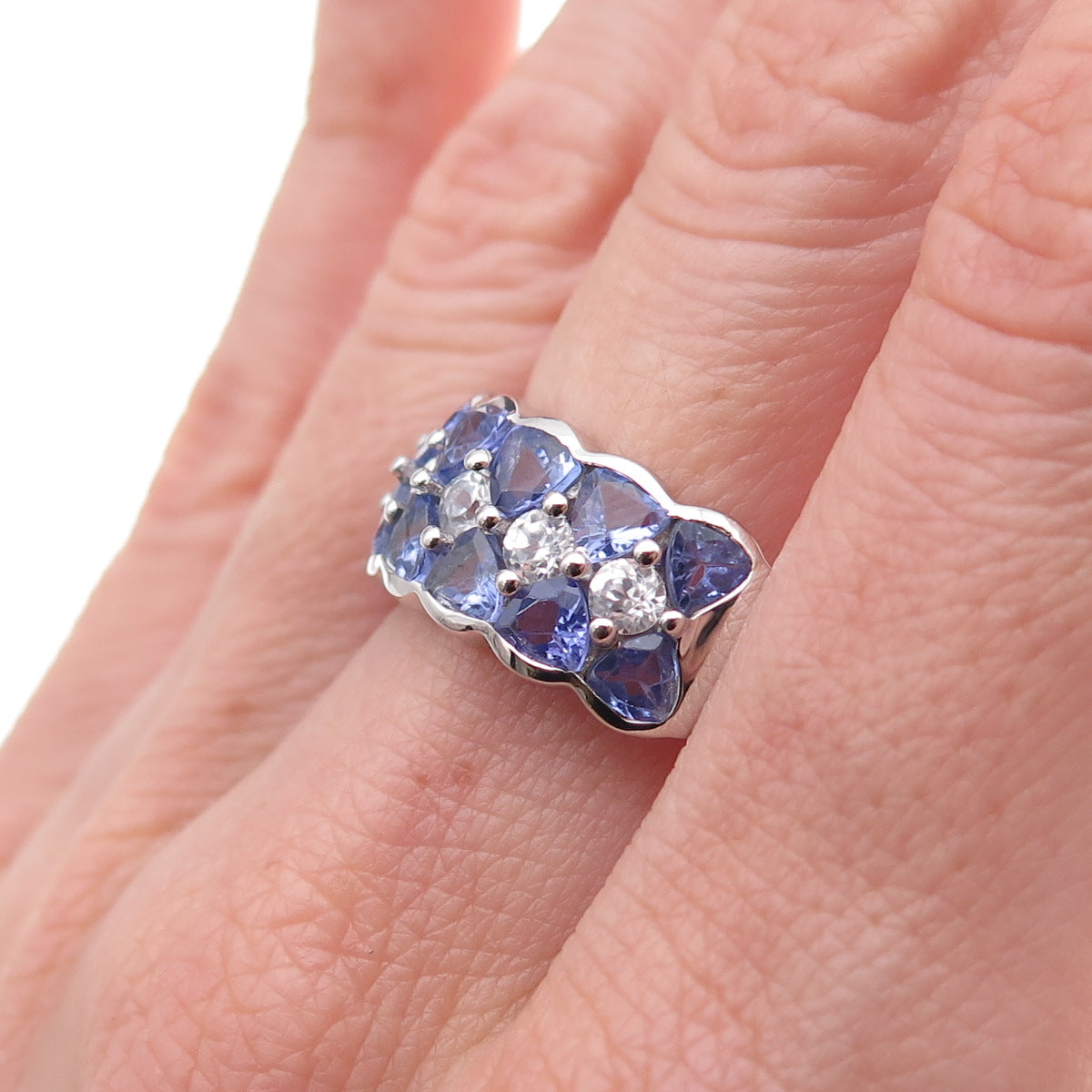 925 Sterling Silver Real Tanzanite & White Topaz Ring Size 8.25