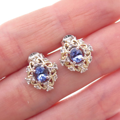Chuck Clemency 925 Sterling Silver 2-Tone Real Tanzanite & White Topaz Earrings