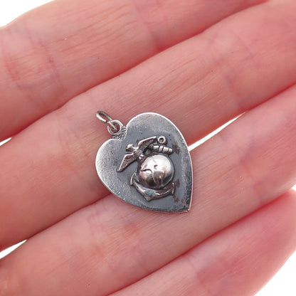 925 Sterling Silver Antique WWII US Navy Heart Chatelaine Oxidized Charm Pendant