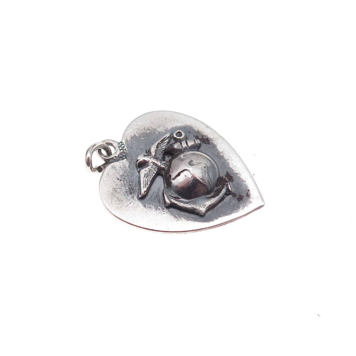 925 Sterling Silver Antique WWII US Navy Heart Chatelaine Oxidized Charm Pendant