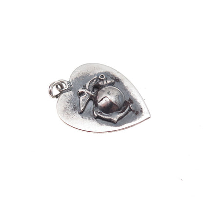 925 Sterling Silver Antique WWII US Navy Heart Chatelaine Oxidized Charm Pendant