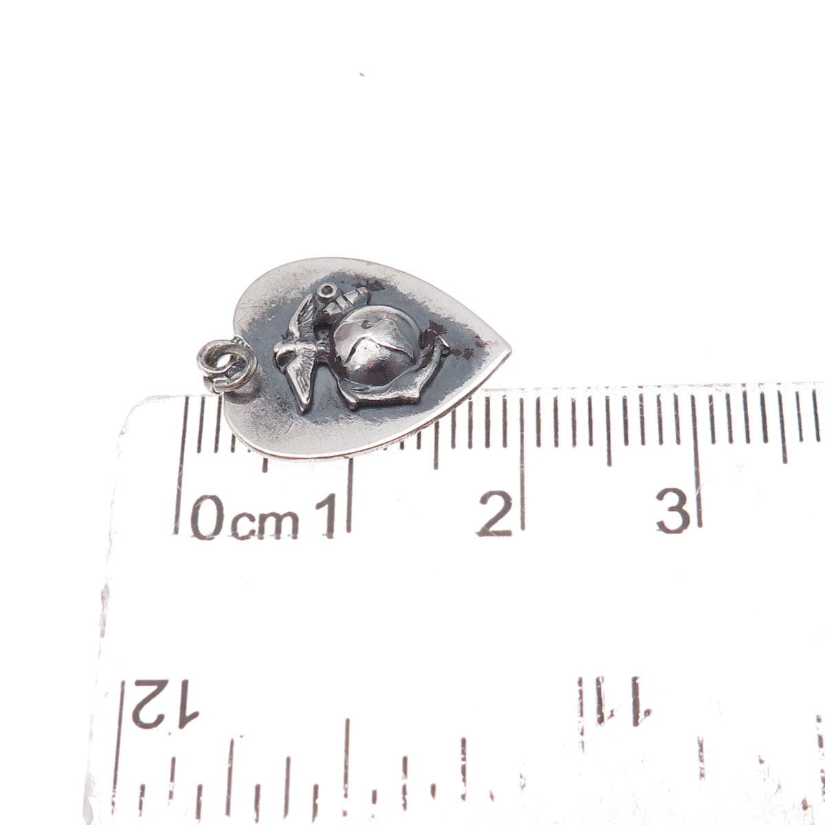 925 Sterling Silver Antique WWII US Navy Heart Chatelaine Oxidized Charm Pendant