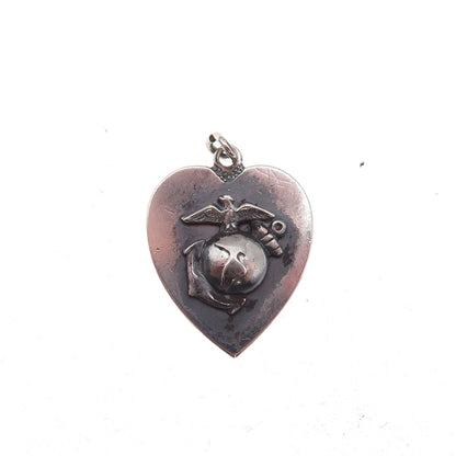 925 Sterling Silver Antique WWII US Navy Heart Chatelaine Oxidized Charm Pendant