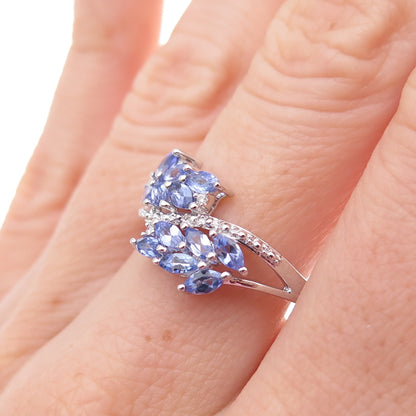 925 Sterling Silver Real Diamond & Tanzanite Bypass Ring Size 8
