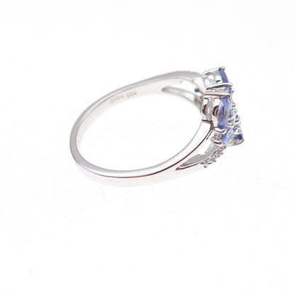 925 Sterling Silver Real Diamond & Tanzanite Bypass Ring Size 8