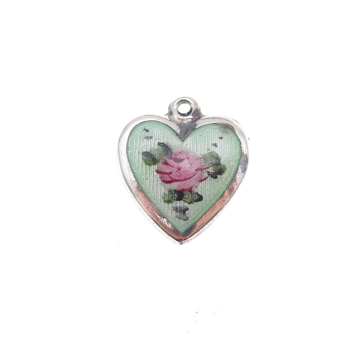 925 Sterling Silver Antique Art Deco Enamel Rose Heart Chatelaine Charm Pendant