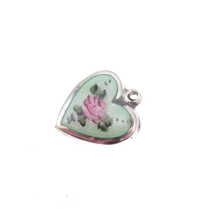 925 Sterling Silver Antique Art Deco Enamel Rose Heart Chatelaine Charm Pendant