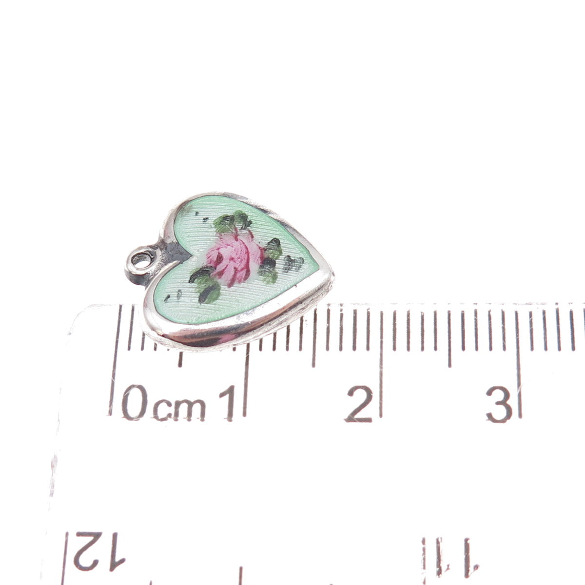 925 Sterling Silver Antique Art Deco Enamel Rose Heart Chatelaine Charm Pendant