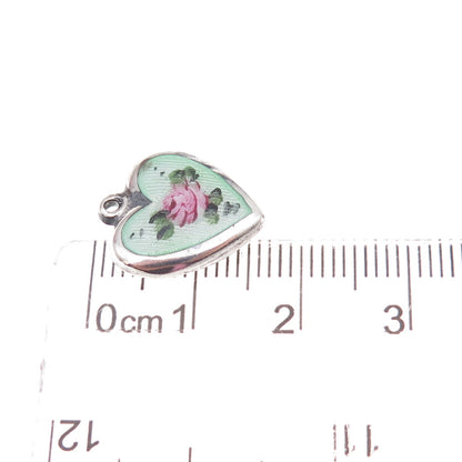 925 Sterling Silver Antique Art Deco Enamel Rose Heart Chatelaine Charm Pendant