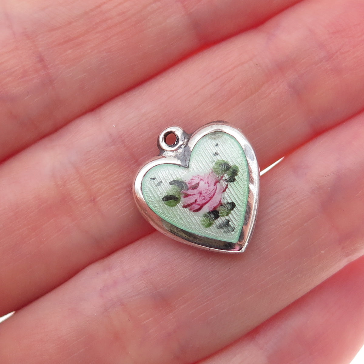 925 Sterling Silver Antique Art Deco Enamel Rose Heart Chatelaine Charm Pendant