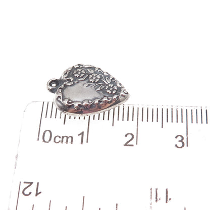 925 Sterling Silver Antique Art Deco Floral Heart Chatelaine Charm Pendant