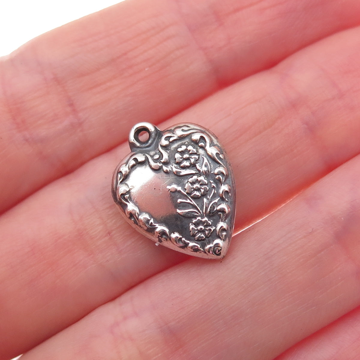 925 Sterling Silver Antique Art Deco Floral Heart Chatelaine Charm Pendant