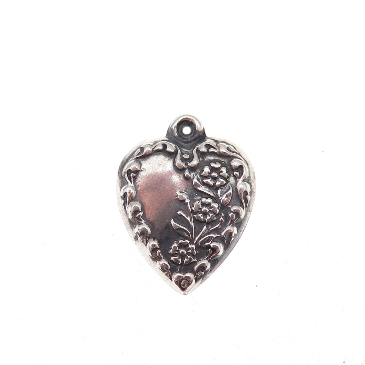 925 Sterling Silver Antique Art Deco Floral Heart Chatelaine Charm Pendant