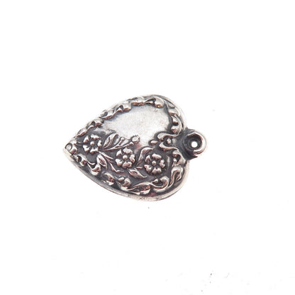 925 Sterling Silver Antique Art Deco Floral Heart Chatelaine Charm Pendant