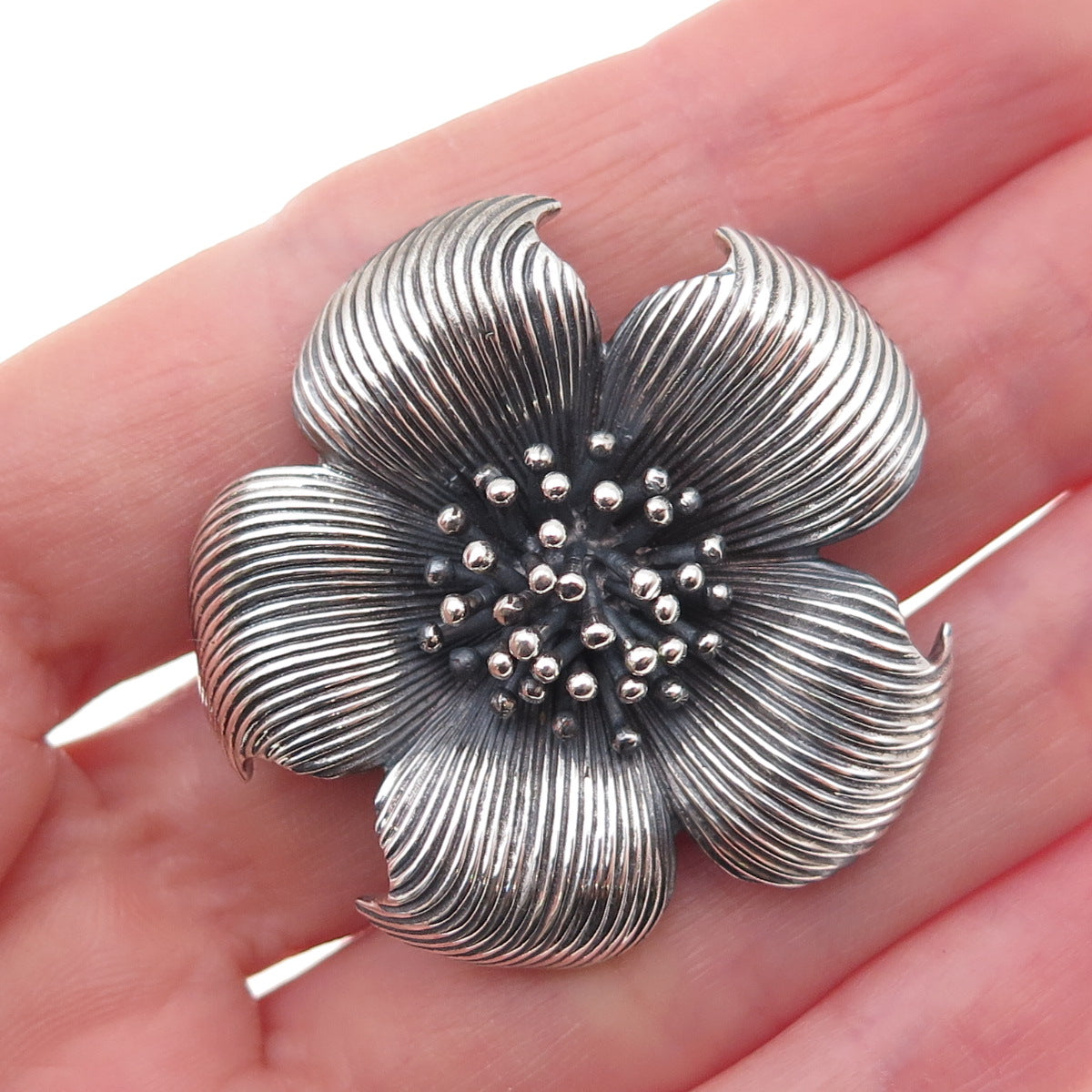 Tiffany & Co. 925 Sterling Silver Vintage Dogwood Flower Oxidized Pin Brooch