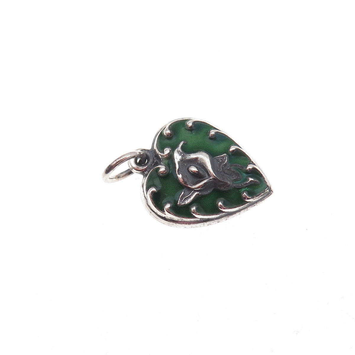 925 Sterling Silver Antique Art Deco Enamel Calla Lily Heart Chatelaine Pendant