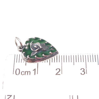 925 Sterling Silver Antique Art Deco Enamel Calla Lily Heart Chatelaine Pendant