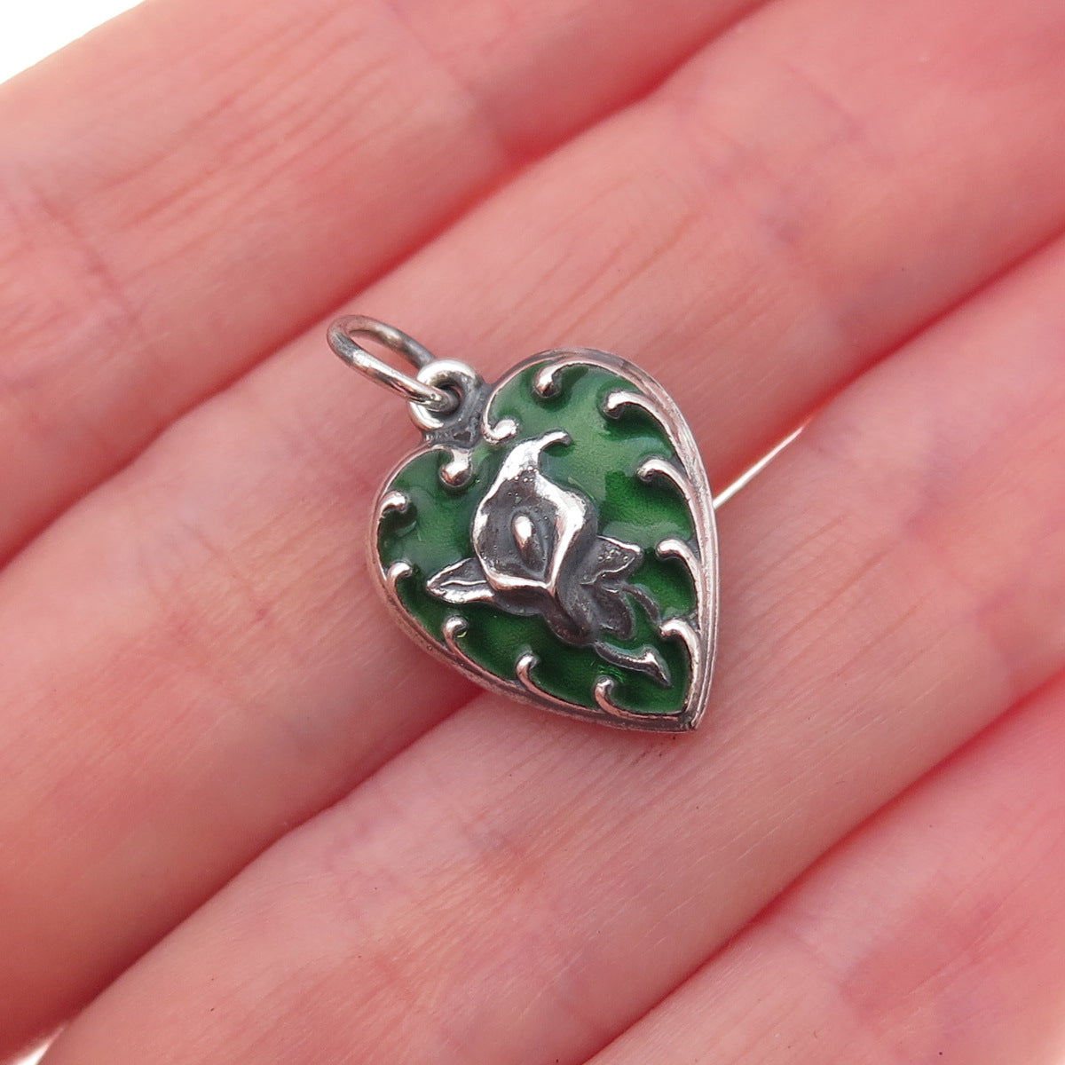 925 Sterling Silver Antique Art Deco Enamel Calla Lily Heart Chatelaine Pendant