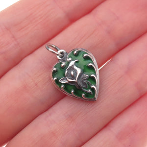 925 Sterling Silver Antique Art Deco Enamel Calla Lily Heart Chatelaine Pendant