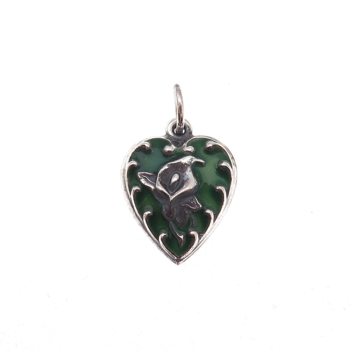 925 Sterling Silver Antique Art Deco Enamel Calla Lily Heart Chatelaine Pendant