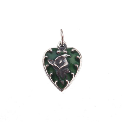 925 Sterling Silver Antique Art Deco Enamel Calla Lily Heart Chatelaine Pendant