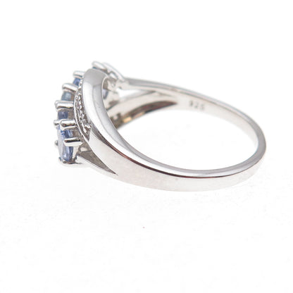 925 Sterling Silver Real Diamond & Tanzanite Bypass Ring Size 8