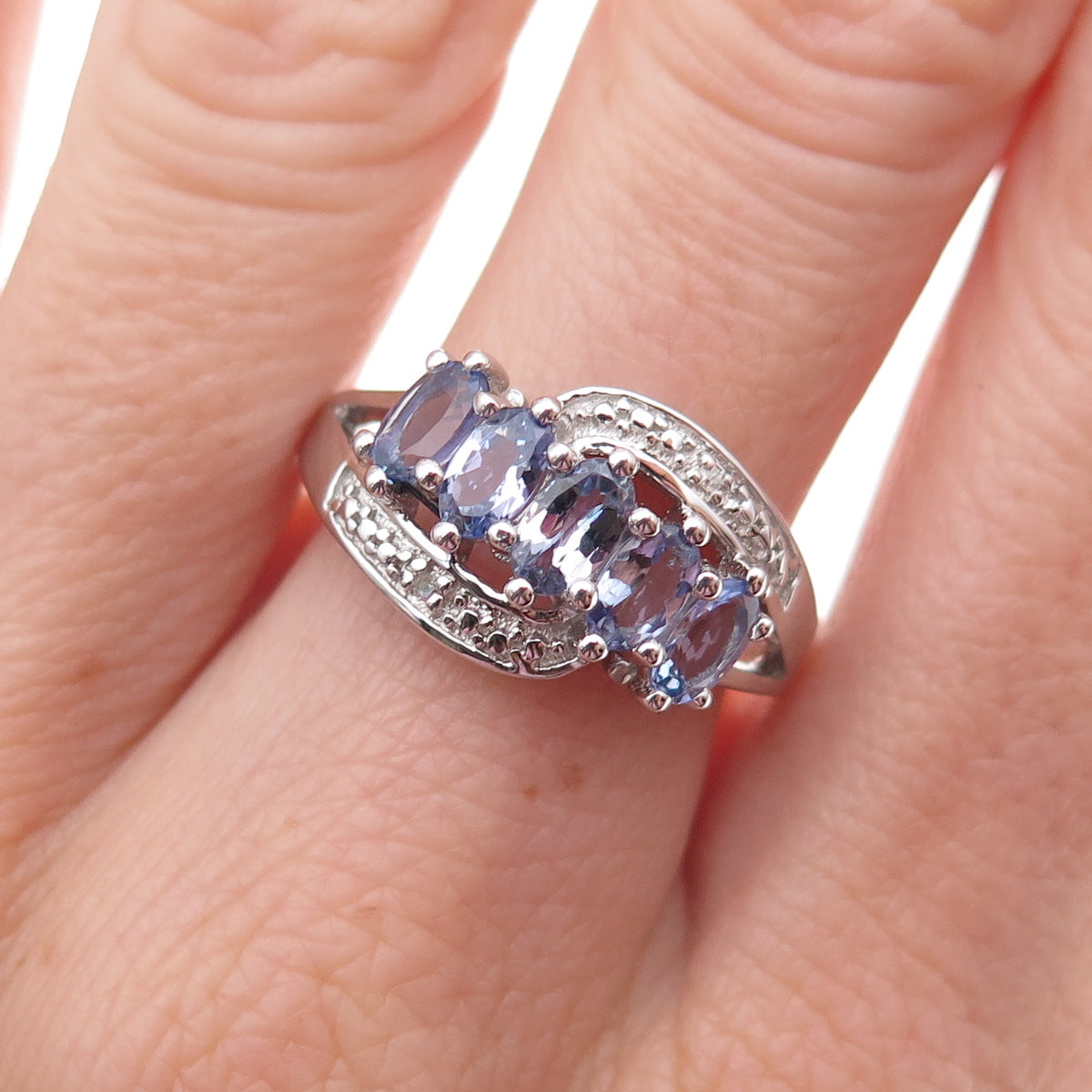 925 Sterling Silver Real Diamond & Tanzanite Bypass Ring Size 8