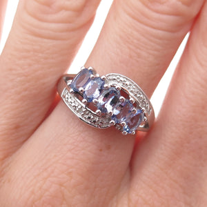 925 Sterling Silver Real Diamond & Tanzanite Bypass Ring Size 8