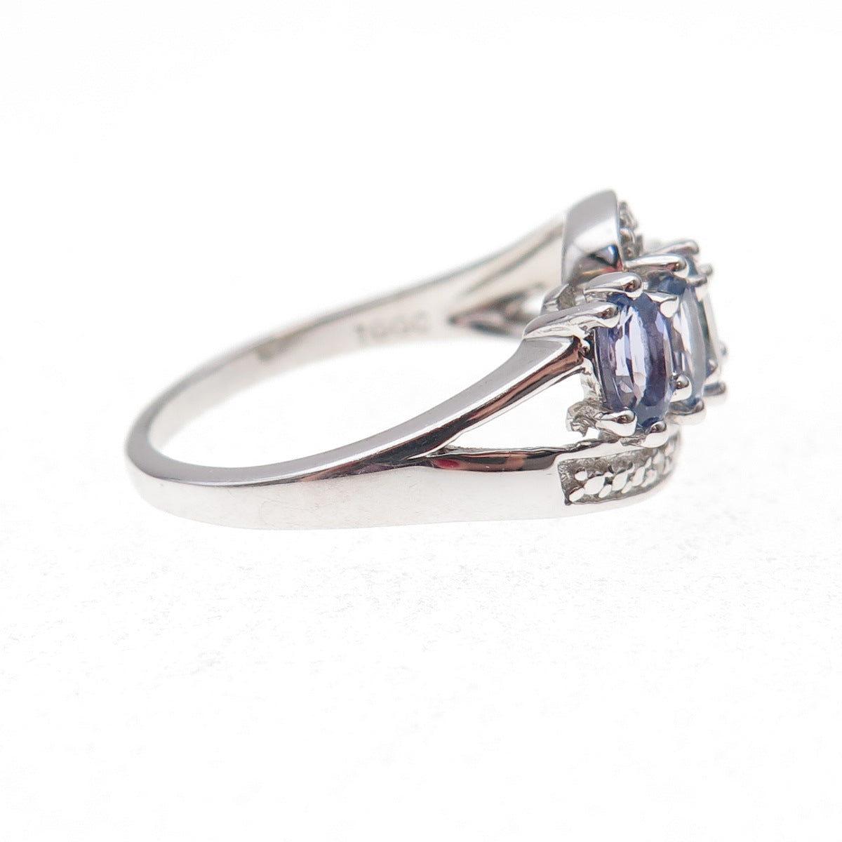 925 Sterling Silver Real Diamond & Tanzanite Bypass Ring Size 8