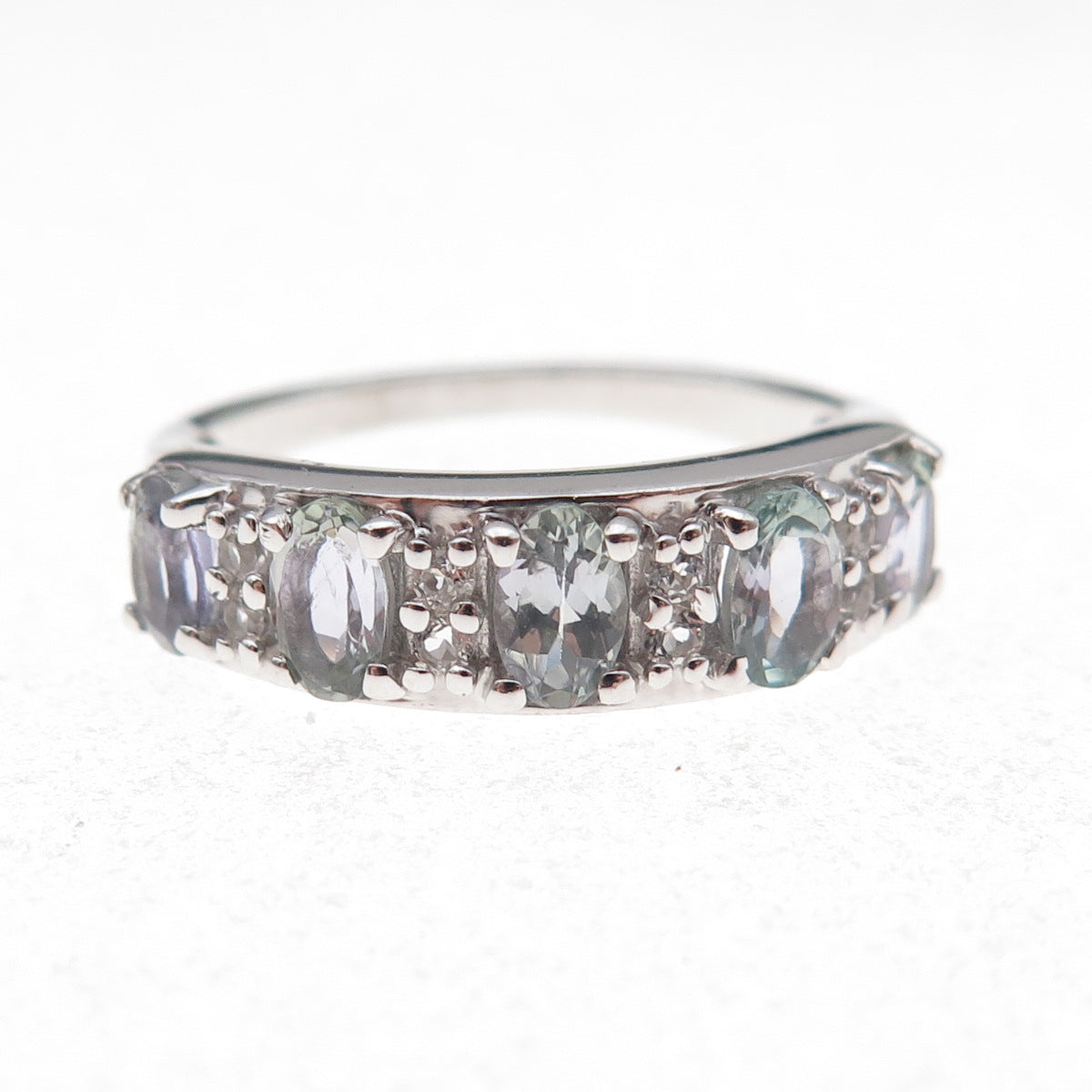 925 Sterling Silver Real Oval-Cut Iolite & Round-Cut White Topaz Ring Size 8