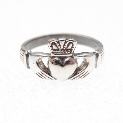 Solvar 925 Sterling Silver Vintage Irish Claddagh Oxidized Ring Size 9