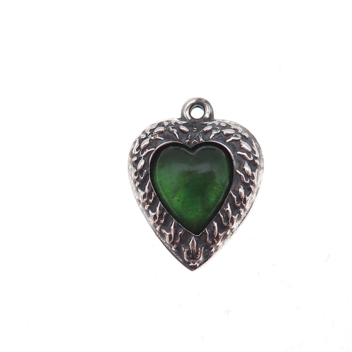 925 Sterling Silver Antique Art Deco Glass Heart Chatelaine Oxidized Pendant