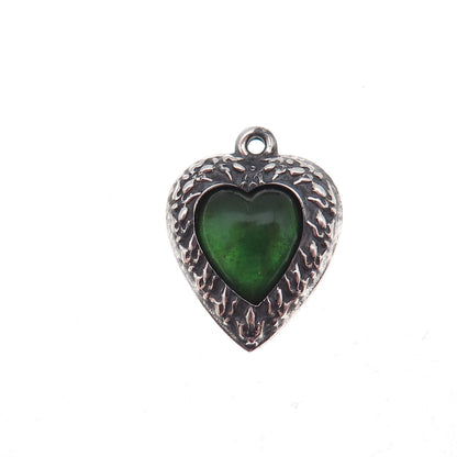 925 Sterling Silver Antique Art Deco Glass Heart Chatelaine Oxidized Pendant