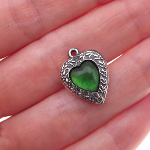925 Sterling Silver Antique Art Deco Glass Heart Chatelaine Oxidized Pendant