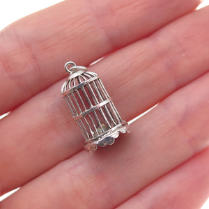 925 Sterling Silver Antique Art Deco Bird Cage Oxidized 3D Charm Pendant