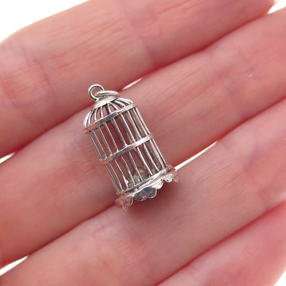 925 Sterling Silver Antique Art Deco Bird Cage Oxidized 3D Charm Pendant