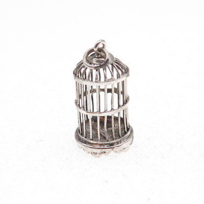 925 Sterling Silver Antique Art Deco Bird Cage Oxidized 3D Charm Pendant