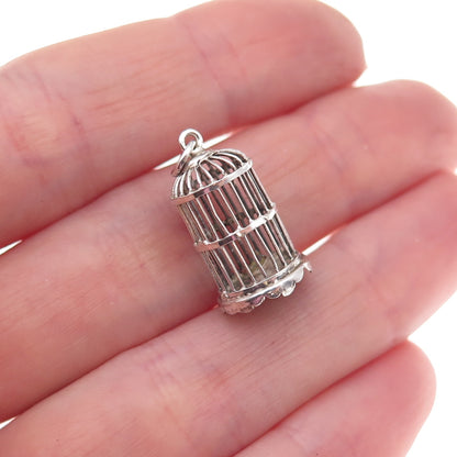 925 Sterling Silver Antique Art Deco Bird Cage Oxidized 3D Charm Pendant