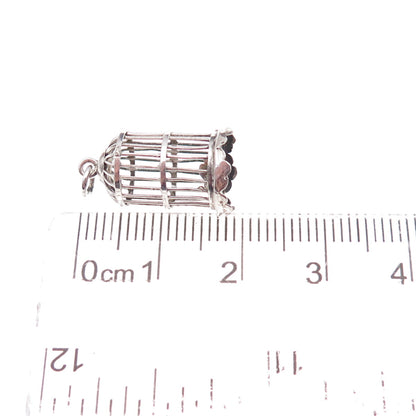 925 Sterling Silver Antique Art Deco Bird Cage Oxidized 3D Charm Pendant