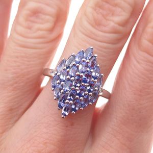 925 Sterling Silver Real Marquise-Cut Tanzanite Cluster Ring Size 8.25