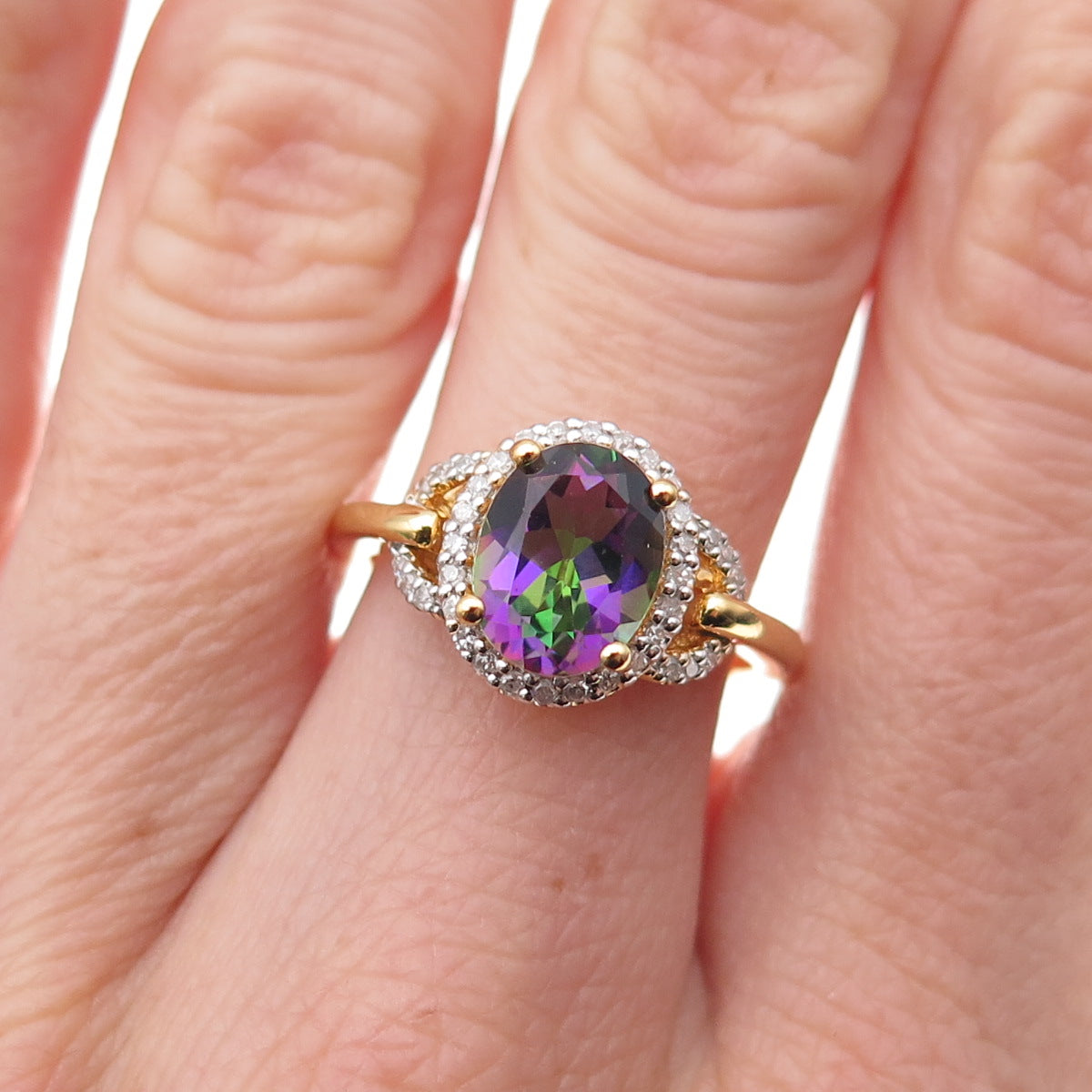 Sai 925 Sterling Silver Gold Plated Real Diamond & Mystic Topaz Ring Size 7