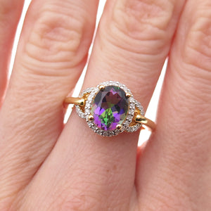 Sai 925 Sterling Silver Gold Plated Real Diamond & Mystic Topaz Ring Size 7